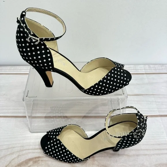 Lola Black & White Polka Dot Heels Peep Toe Ankle Strap ModCloth by Chelsea Crew - Picture 2 of 14